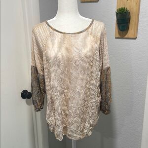 Carine Brown & Cream Stripe with Floral Bubble Sleeve Blouse Size Medium